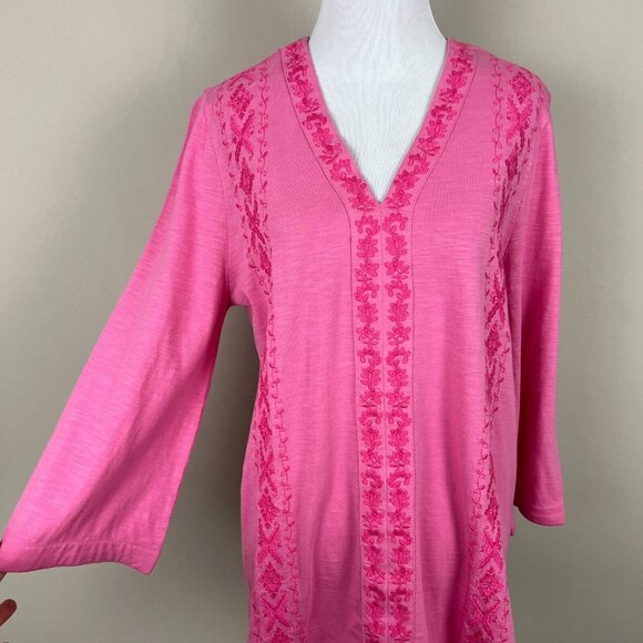 Soft Surroundings Tunic Top Womens Petite‎ Medium PM Pink Embroidered V-Neck 3/4 - Picture 4 of 11
